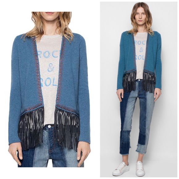 Zadig & Voltaire Marla Cashmere/ Leather Fringe Cardigan Boho Rock - Picture 8 of 15